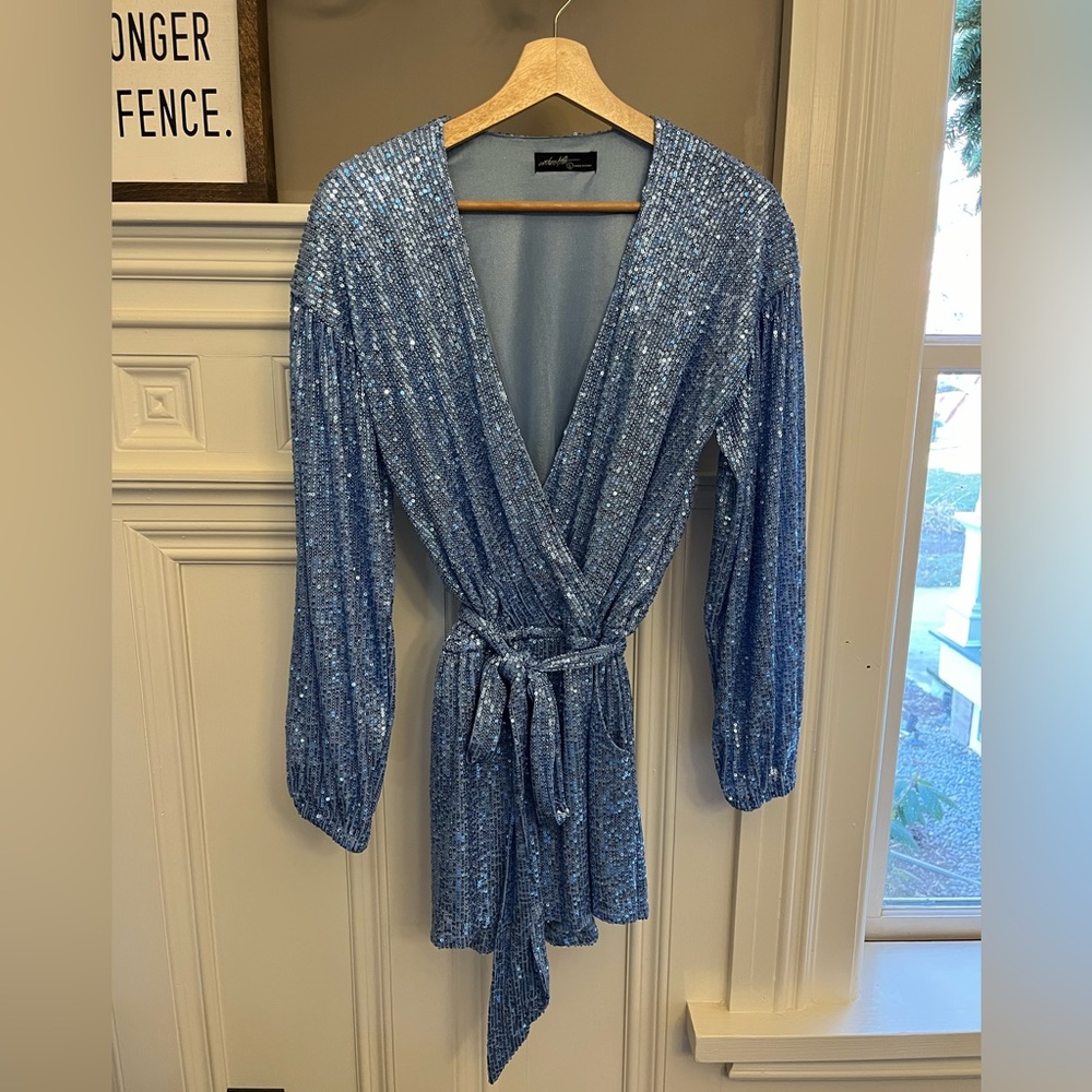 On Twelfth Blue Sequined Short Romper. Size L.